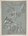 Allegorical Composition with Figures of Painting and Fame, Pietro Antonio de' Pietri (Italian, Cremia 1663–1716 Rome), Pen and brown ink, brush and brown wash, highlighted with white, over charcoal, on blue paper (recto); slight architectural sketches in red chalk (verso)