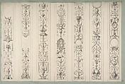 Design for Seven Vertical Panels of Arabesque Decoration, Farnsborough, England, Jules-Edmond-Charles Lachaise (French, died 1897), Pen and black ink, brush and gray wash, graphite