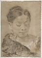 Girl with a Hen, Giovanni Battista Piazzetta (Italian, Venice 1682–1754 Venice), Charcoal, highlighted with white chalk, on blue-gray paper faded to light brown