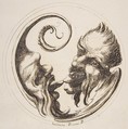 Two Grotesque Heads Facing One Another and Touching Tongues Within a Circle, Gaetano Piccini (Italian, active Rome, 1710–30), Pen and brown ink