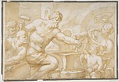 Venus and Cupid in Vulcan's Forge, Domenico Piola Italian, Pen and brown ink, brush and brown wash, highlighted with white, over charcoal
