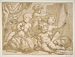 Putti with the Attributes of the Arts, Domenico Piola (Italian, Genoa 1627–1703 Genoa), Pen and brown ink, brush and brown wash over some charcoal