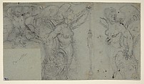 Design with Two Winged Female Figures and a Putto, Bernardino Poccetti (Italian, San Marino di Valdelsa 1548–1612 Florence), Charcoal on blue paper faded blue-gray