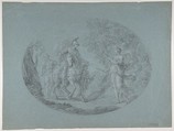 Venus Disguised as a Huntress Appears to Aeneas (Aeneid I: 305 ff.), Stefano Pozzi (Italian, Rome 1699–1768 Rome), Black chalk, highlighted with white chalk, on blue paper