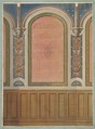 Design for the decoration of wall with wood panels and arched bays, Jules-Edmond-Charles Lachaise (French, died 1897), graphite, pen and ink, watercolor, gouache, and gold paint