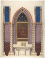 Elevation of a design for an altar and painted wall decoration, Jules-Edmond-Charles Lachaise (French, died 1897), graphite, pen and ink, watercolor, gouache, and gold paint on wove paper