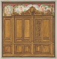 Design for the decoration of a room with a large wood-paneled cupboard surmounted by the monogram:  H, Jules-Edmond-Charles Lachaise (French, died 1897), Pen and ink, watercolor, and gold paint on wove paper