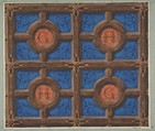 Design for the painted decoration of a coffered ceiling incorporating initials (G and H) for a house on the rue de Clichy, Jules-Edmond-Charles Lachaise (French, died 1897), Watercolor, gouache, pen and black ink, and gilt