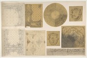 Nine designs for the painted decoration of an interior, possibly for the Hôtel Rothschild, Vienna, Jules-Edmond-Charles Lachaise (French, died 1897), graphite and pen and ink on various papers glued to cardboard