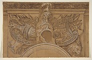 Armorial Trophy, After Polidoro da Caravaggio (Italian, Caravaggio ca. 1499–ca. 1543 Messina), Pen and brown ink, brush and brown wash, heightened with white, over traces of graphite