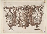 Trophy with Two Vases and a Cuirass, After Polidoro da Caravaggio (Italian, Caravaggio ca. 1499–ca. 1543 Messina), Pen and black ink, brush and reddish-brown wash, over traces of graphite