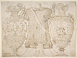Ornamental Design with Amphore and Antique Style Armor, After Polidoro da Caravaggio (Italian, Caravaggio ca. 1499–ca. 1543 Messina), Pen and brown ink over traces of black chalk or leadpoint; partial framing line