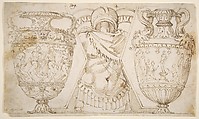 Ornamental Design with Amphore and Antique Style Armor (recto); Sketch with Two Figures (verso), After Polidoro da Caravaggio (Italian, Caravaggio ca. 1499–ca. 1543 Messina), Pen and brown ink, over traces of black chalk or leadpoint; partial framing line (recto); graphite or leadpoint; pen and brown ink (verso)