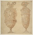 Two Urns Decorated with Human Figures, Animals and Garlands, After Polidoro da Caravaggio (Italian, Caravaggio ca. 1499–ca. 1543 Messina), Pen and brown ink, brush with brown and gray wash highlighted with white gouache over traces of graphite
