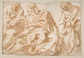 The Holy Family with Saint Elizabeth and the Infant Baptist, Cesare Pollino (Cesare dal Francia or Franchi) (Italian, Perugia ca. 1560–1598 Rome), Pen and brown ink, brush and brown wash, over red chalk