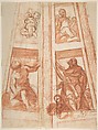 Design for the Decoration of a Cupola with a Prophet, King David and Two Putti, Mattia Preti (Il Cavalier Calabrese) (Italian, Taverna 1613–1699 Valletta), Red chalk, pen and brown ink, brush and red wash