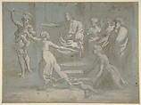 The Judgment of Solomon, after Raphael, Attributed to Biagio Pupini (Italian, born Bologna, active 1511–51), Charcoal, brush and gray wash, highlighted with white, on blue paper