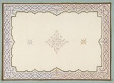 Design for the decoration of a ceiling with a border of strapwork and a central filagree medallion, Jules-Edmond-Charles Lachaise French, watercolor, gouache, and gold paint on wove paper; mounted on blue wove paper