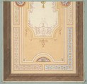 Design for the painted decoration of a ceiling in with strapwork and rinceaux, Jules-Edmond-Charles Lachaise  French, pen and ink and watercolor, heightened with white gouache on wove paper; mounted on blue wove paper