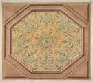 Design for the decoration of a hexagonal ceiling with rinceaux, Jules-Edmond-Charles Lachaise French, pen and ink and watercolor on wove paper; mounted on wove paper