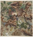 Design for wallpaper featuring shells, waterlilies, and cattails, Jules-Edmond-Charles Lachaise French, gouache on wove paper