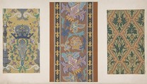 Three designs for wallpaper featuring strapwork, rinceaux, and fleurs-de-lis, Jules-Edmond-Charles Lachaise French, gouache on wove paper glued to cardboard