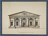Project for the Riding-School of the Horse Guards in Saint Petersburg - Elevation of the Side Entrance, Giacomo Quarenghi (Italian, Rota d'Imagna near Bergamo 1744–1817 Saint Petersburg), Pen and black ink, brush with black-gray, brown, pink, blue, and ochre wash, over ruled construction lines in graphite.  Framing lines in pen and black ink over graphite