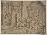 St. Paul preaching at Athens (Copy of Raphael's tapestry, reversed), Raphael (Raffaello Sanzio or Santi) Italian, Pen and brown ink, brush and gray wash; framing lines in pen and dark brown ink