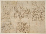 Studies of Flying Putti (recto); Composition Studies (verso), Guido Reni (Italian, Bologna 1575–1642 Bologna), Pen and brown ink (recto); pen and brown ink; female figure at lower left in black chalk (verso)