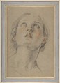 The Head of a Woman Looking Up (Judith), Guido Reni (Italian, Bologna 1575–1642 Bologna), Red and black chalk, on originally blue paper now faded to light brown-gray
