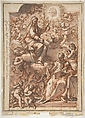The Virgin Appearing to St. Bernard of Clairvaux, Niccolò Ricciolini (Italian, Rome 1687–1772 Rome), Pen and brown ink, brown and gray wash, over red chalk; squared in red chalk