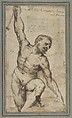 Nude Male Figure with Upraised Right Arm, Girolamo Romanino (Italian, Brescia 1484/87–1560 Brescia), Brush and brown wash, over slight traces of black chalk