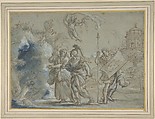 Aeneas and the Cumaean Sibyl Entering the Infernal Regions, Giovanni Francesco Romanelli (Italian, Viterbo ca. 1610–1662 Viterbo), Pen and brown ink, brush and blue wash, highlighted with white, over black chalk, on blue-gray paper