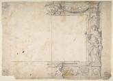 One Half of a Design for a Frame of a Stage Proscenium, with a Figure of Justice at the Right, and the Barberini Arms in a Cartouche at the Top, Giovanni Francesco Romanelli (Italian, Viterbo ca. 1610–1662 Viterbo), Graphite or black chalk on cream laid paper