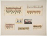 Eight designs for decorative borders, Jules-Edmond-Charles Lachaise French, Graphite, watercolor, and gold paint on wove papers; mounted on wove paper