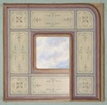 Design for the decoration of a ceiling with a central panel of painted clouds, Jules-Edmond-Charles Lachaise French, pen and ink, watercolor, and gouache over graphite on laid paper; mounted on blue wove paper