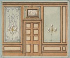 Elevation of a paneled interior with double doors and gaslight sconces, Jules-Edmond-Charles Lachaise  French, graphite, pen and ink, watercolor on wove paper; mounted on blue wove paper