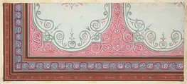 Partial design for the decoration of a ceiling with scrollwork and a border of ribbons and berries, Jules-Edmond-Charles Lachaise  French, Graphite, watercolor, and gold paint on laid paper; mounted on wove paper