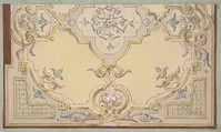 Partial design for the decoration of a ceiling with scrolls and swags of fruit, Jules-Edmond-Charles Lachaise French, graphite, pen and ink, watercolor, and gouache on wove paper; mounted on blue wove paper