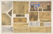 Nineteen designs for the painted decoration of interiors, Jules-Edmond-Charles Lachaise French, graphite, pen and ink, watercolor, and gold paint on various papers; mounted on cardboard