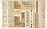 Thirteen designs for the painted decoration of interiors, Jules-Edmond-Charles Lachaise French, graphite, pen and ink, watercolor and gouache on various papers; mounted on cardboard