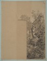 Design for mural decoration surrounding a door:  landscape with classical ruins, Jules-Edmond-Charles Lachaise  French, black chalk, heightened with white on beige wove paper; mounted on blue wove paper