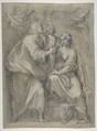 The Holy Family with Angels, Pomarancio (Cristoforo Roncalli) (Italian, Pomarance ca. 1553–1626 Rome), Black chalk highlighted with white chalk on blue paper