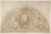 Design for a Lunette Decoration: Coat of Arms Flanked by Seated Allegorical Figures (recto and verso), Attributed to Pomarancio (Cristoforo Roncalli) (Italian, Pomarance ca. 1553–1626 Rome), Pen and brown ink, brush and brown wash, over black chalk (recto); red and black chalk, pen and brown ink, brush and brown wash, on (verso); squared in black chalk