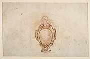 Design for a Lunette Decoration: Coat of Arms Flanked by Seated Allegorical Figures (recto and verso), Attributed to Pomarancio (Cristoforo Roncalli) (Italian, Pomarance ca. 1553–1626 Rome), Pen and brown ink, brush and brown wash, over black chalk (recto); red and black chalk, pen and brown ink, brush and brown wash, on (verso); squared in black chalk