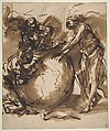 Three Figures around a globe, Salvator Rosa (Italian, Arenella (Naples) 1615–1673 Rome), Pen and brown ink, brush and brown wash, over traces of black chalk
