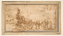 Marine landscape with figures, Salvator Rosa (Italian, Arenella (Naples) 1615–1673 Rome), Pen and brown ink, brown and gray wash