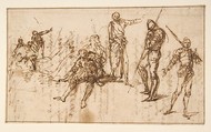Two Standing Soldiers and Six other Figures, Salvator Rosa (Italian, Arenella (Naples) 1615–1673 Rome), Pen and brown ink