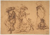 Five Figures in Fantastic Costumes with Two Dogs, Salvator Rosa (Italian, Arenella (Naples) 1615–1673 Rome), Black ink on dark tan paper