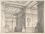 Design for a Stage Set?:Interior of a Stateroom with Four Tables Displaying Urns and Tabernacles., Alessandro Sanquirico (Italian, 1777–1849)  , Attributed to., Pen and brown ink, brush and gray wash.